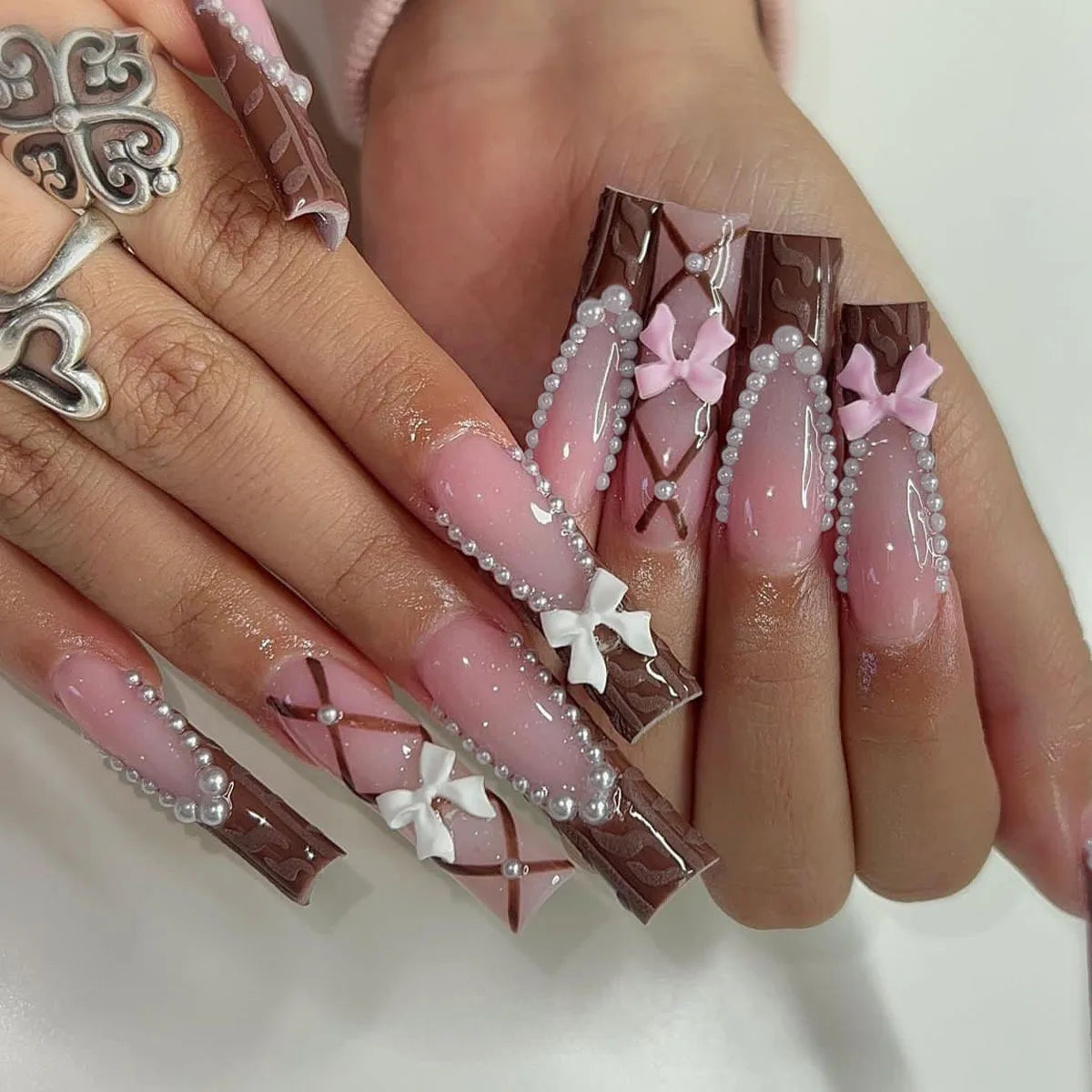 Aiertu 24Pcs Long Ballet False Nails with Bow Designs Pink Coffin Press on Nails Wearable French Fake Nail Full Cover Manicure Tips Aiertu