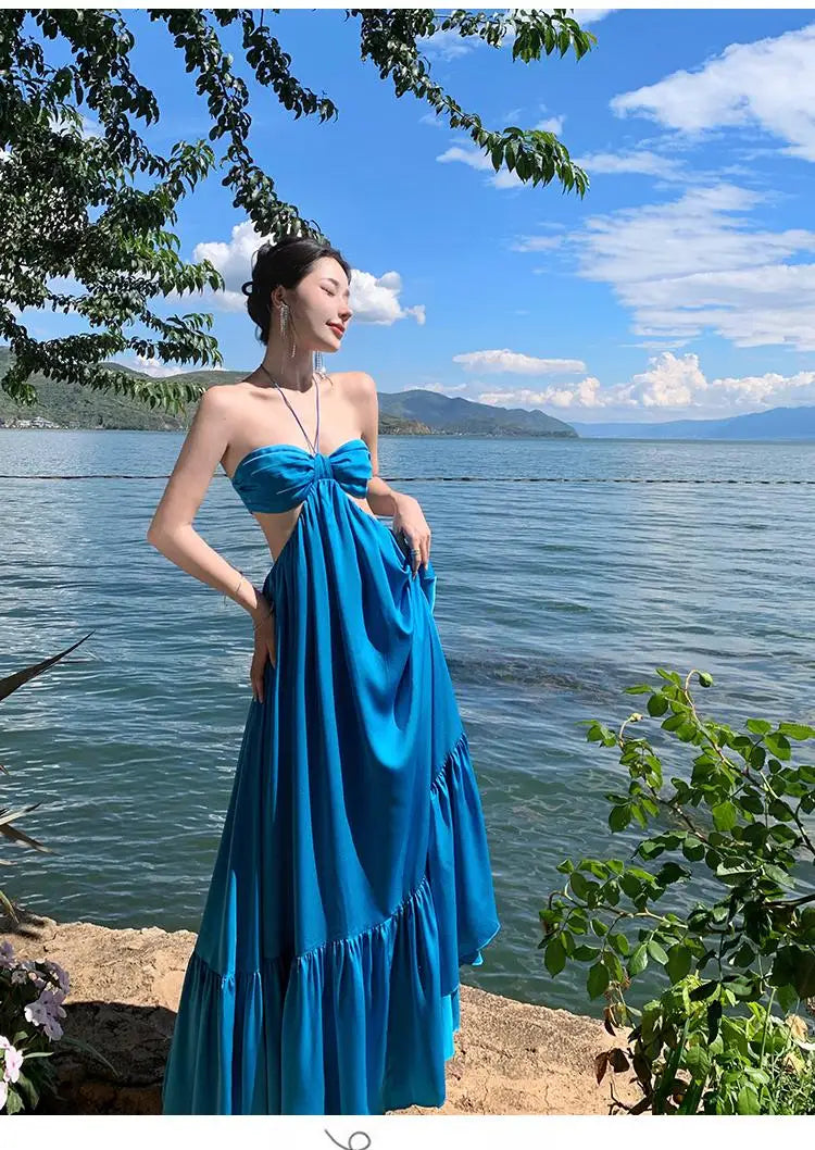 Aiertu Summer New Women's Blue Sexy Club Hanging Neck Hollowed Backless Pleated Long Dress Birthday Evening Party Bandage Sundress Aiertu