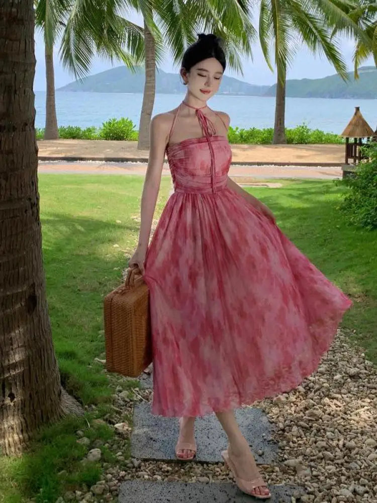 Aiertu French Pink Print Elegant Vacation Long Dresses 2024 Summer New Birthday Evening Party Women Clothes Fashion Sundress Ladies New Aiertu