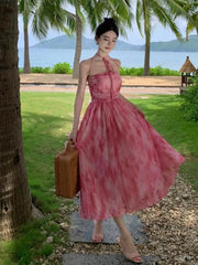 Aiertu French Pink Print Elegant Vacation Long Dresses 2024 Summer New Birthday Evening Party Women Clothes Fashion Sundress Ladies New Aiertu