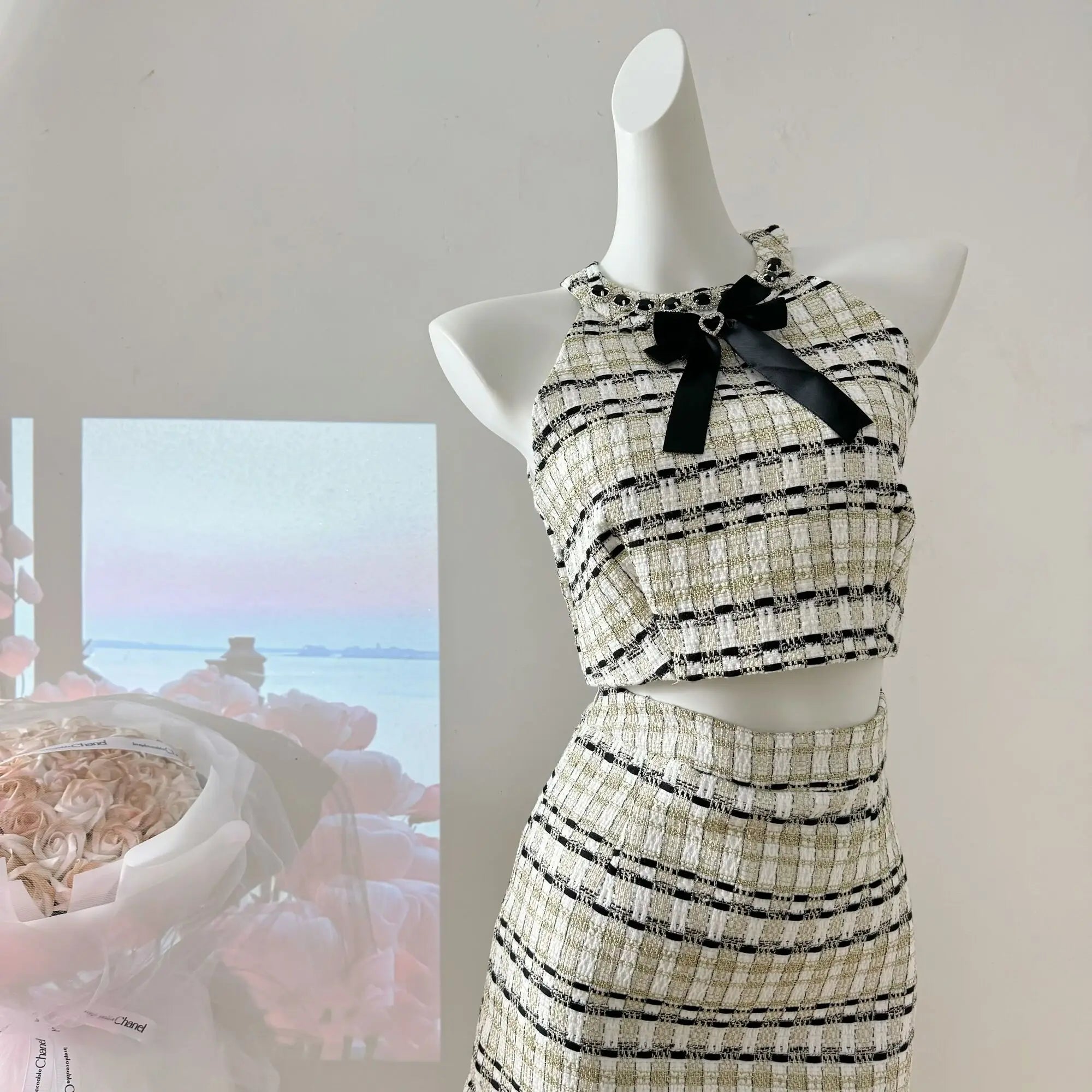 Aiertu French Luxury Small Fragrance Tweed Two Piece Set Women Sweet Crop Top + Skirt Suits Korean Hotsweet Sexy Summer 2 Piece Sets Aiertu