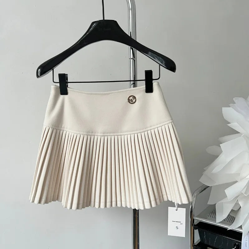 Aiertu Women's Woolen Pleated Short Skirt Autumn Winter American Korea Style Cheerleading Girl Straight A-line High Waist Mini Skirt Aiertu