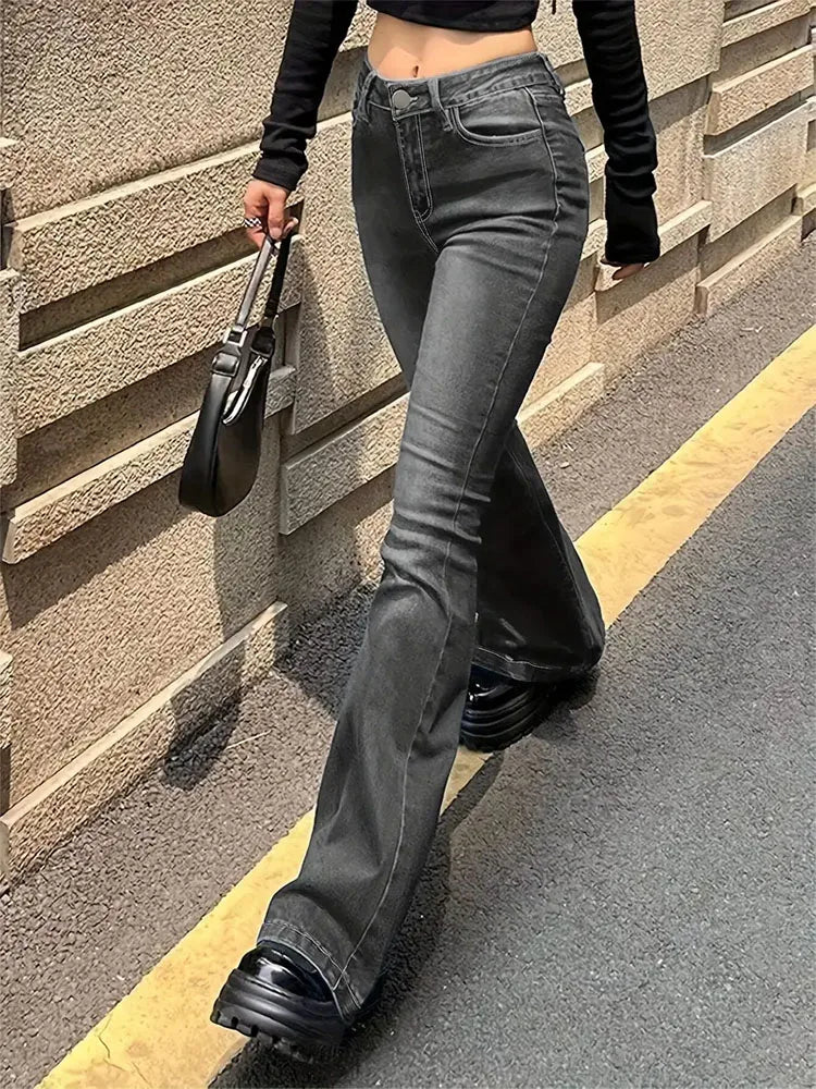 Aiertu Women Flare Stretch Moustache Jeans Fashion Skinny Bell Bottom High Waist Gray Denim Pants Lady Classic Y2K Punk Long Trousers Aiertu