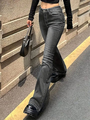 Aiertu Women Flare Stretch Moustache Jeans Fashion Skinny Bell Bottom High Waist Gray Denim Pants Lady Classic Y2K Punk Long Trousers Aiertu