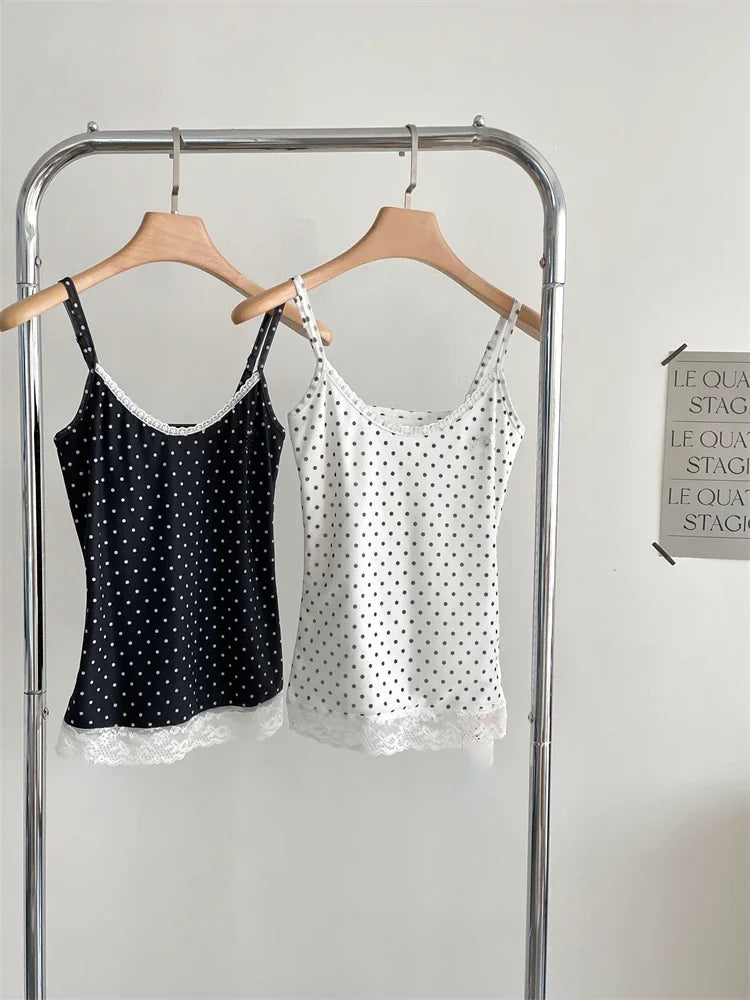 Aiertu Kawaii Sweet Lace Tanks Women Korean Fashion Y2k Harajuku Streetwear Polka Dot Printing Slim Tees Tops Soft Hot Gril 2024 Aiertu