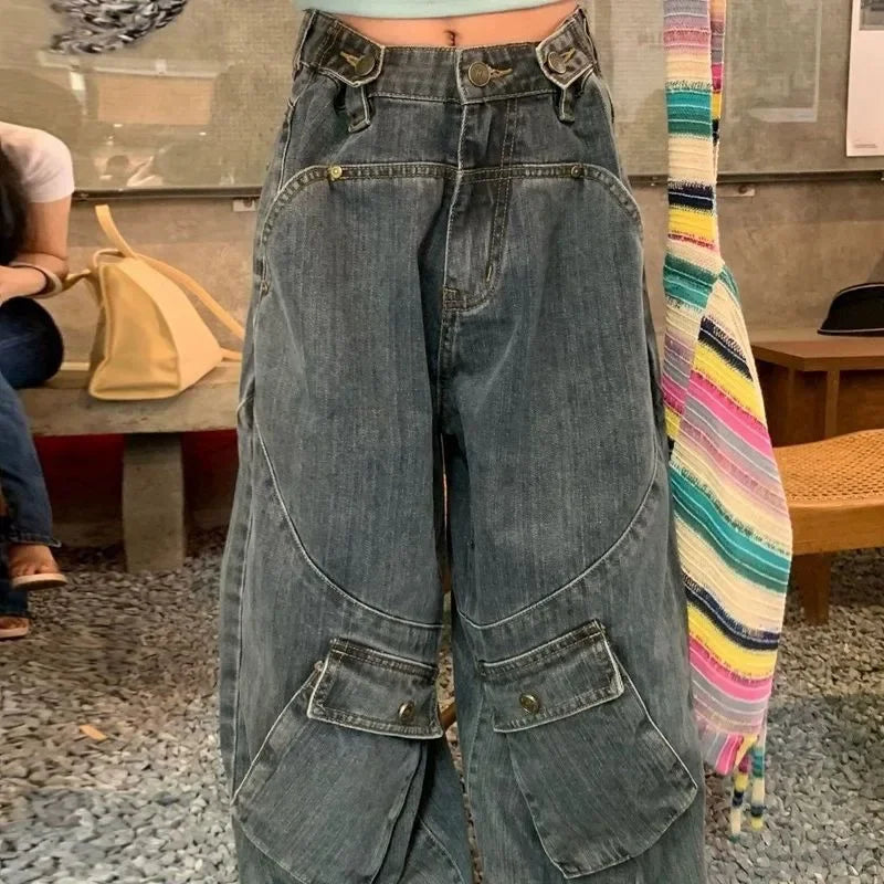 Aiertu Harajuku Vintage Cargo Jeans Women Oversize Y2K Grunge Black Baggy Denim Pants Hip Hop Streetwear Wide Leg Trousers Aiertu