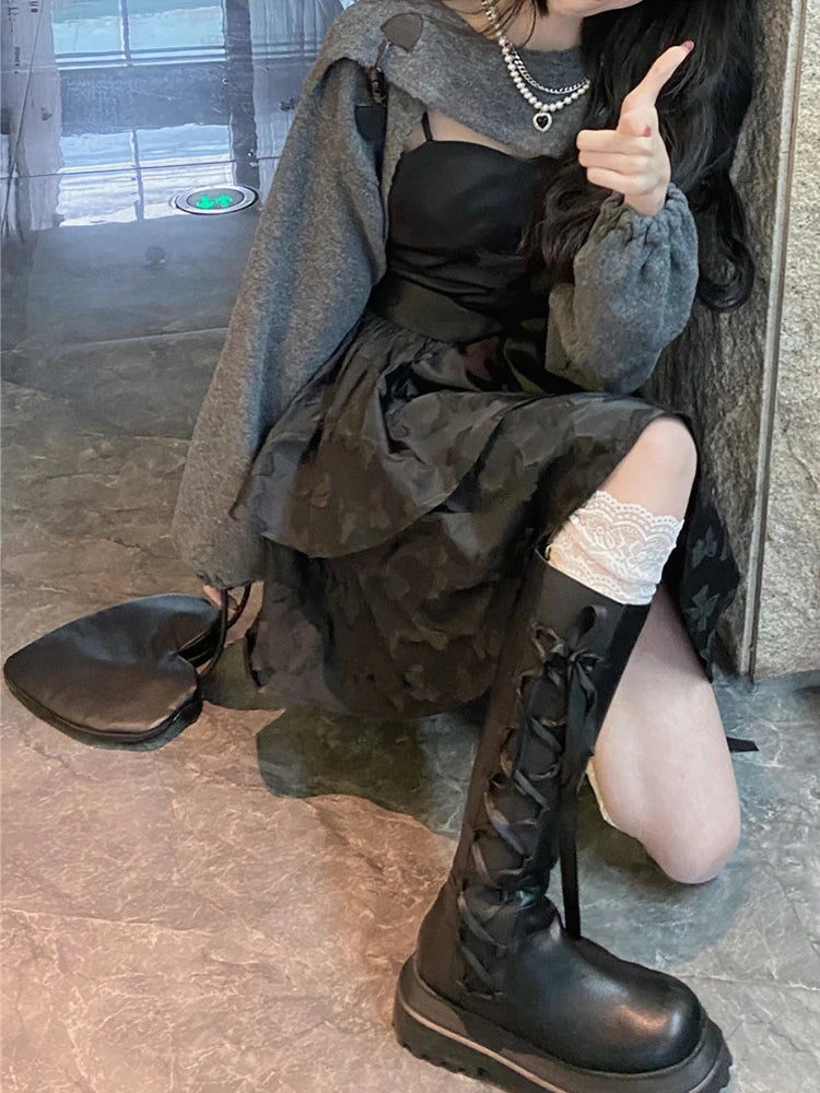 Aiertu Winter Black Sexy Strap Dress Women Patchwork Elegant Slim Casual Mini Dress Female Korean Fashion Bow Designer Party Dress Aiertu