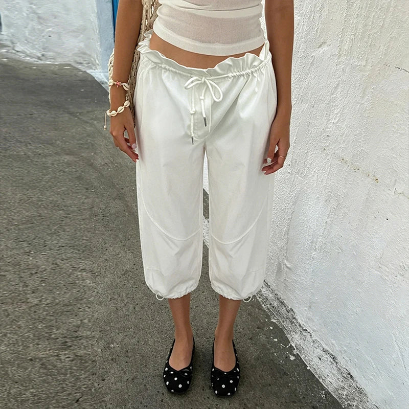 AIERTU  -  Street Style Casual Pure White Drawstring Calf-length Cargo Pants Ruched High Waist Fungus Edge Elastic Fashion Loose Pants Aiertu