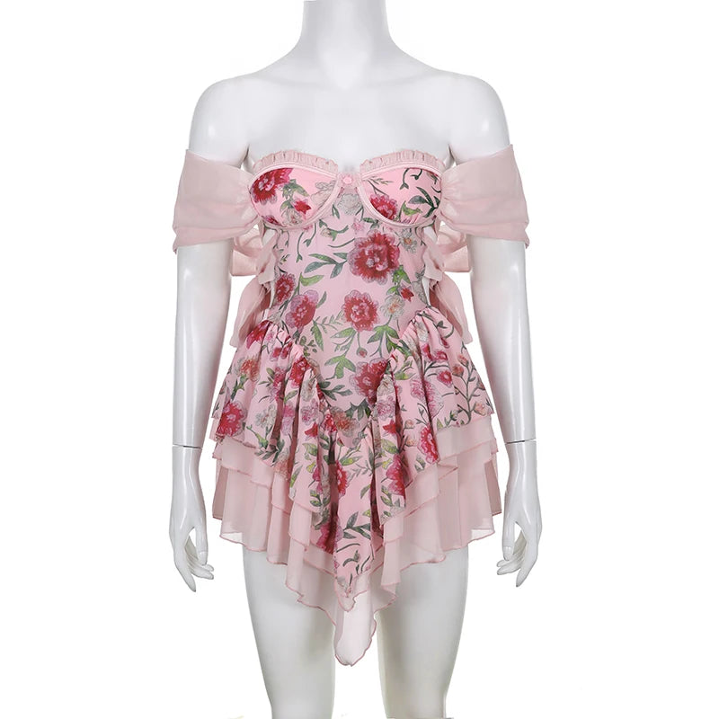 Aiertu Elegant Floral Print Chiffon Dress Pink Side Bandage Aesthetic Irregular Ruffle Mini Dresses Boho Sweet Outfit Party Vacation Aiertu