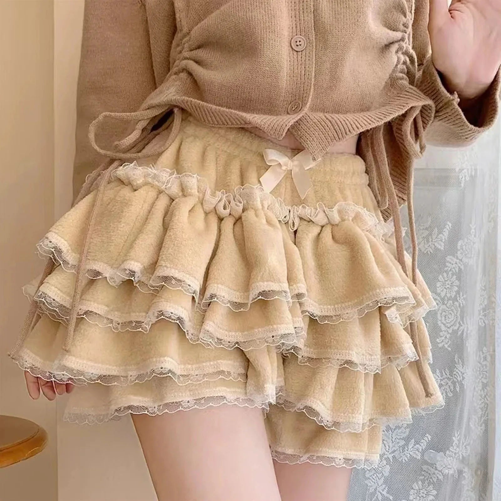 Autumn Winter Warm Lolita Safety Short Pants Women Sweet Chic Plush Bloomers Japanese Y2k Lace Bow Knickers Harajuku Cute Shorts Aiertu