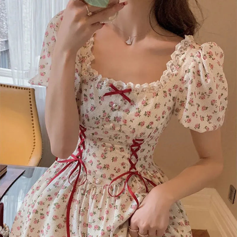 Aiertu Cute Florals Dress Women Vintage Cottagecore Y2k Puff Sleeve Square Collar Lace-up High Waist Corset Dress Female Aiertu