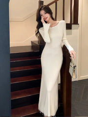 Aiertu DRESS TO IMPRESS Autumn Elegant Sexy Solid Midi Knit Dress Women Long Sleeve Slim Spring New French Vintage Wedding Party Vestidos Robe Mujers Aiertu