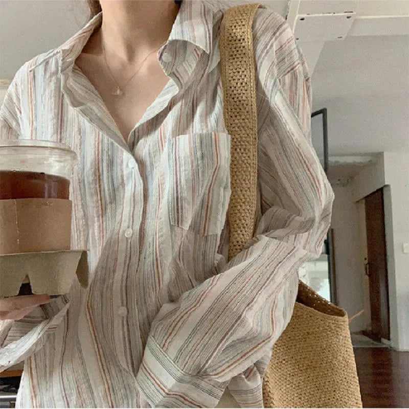 Aiertu Vintage Striped Shirt Women Fashion Elegant Long Sleeve Turn Down Collar Loose Tops Korean Office Ladies Thin Chic Casual Blouse Aiertu