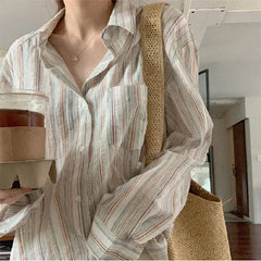 Aiertu Vintage Striped Shirt Women Fashion Elegant Long Sleeve Turn Down Collar Loose Tops Korean Office Ladies Thin Chic Casual Blouse Aiertu