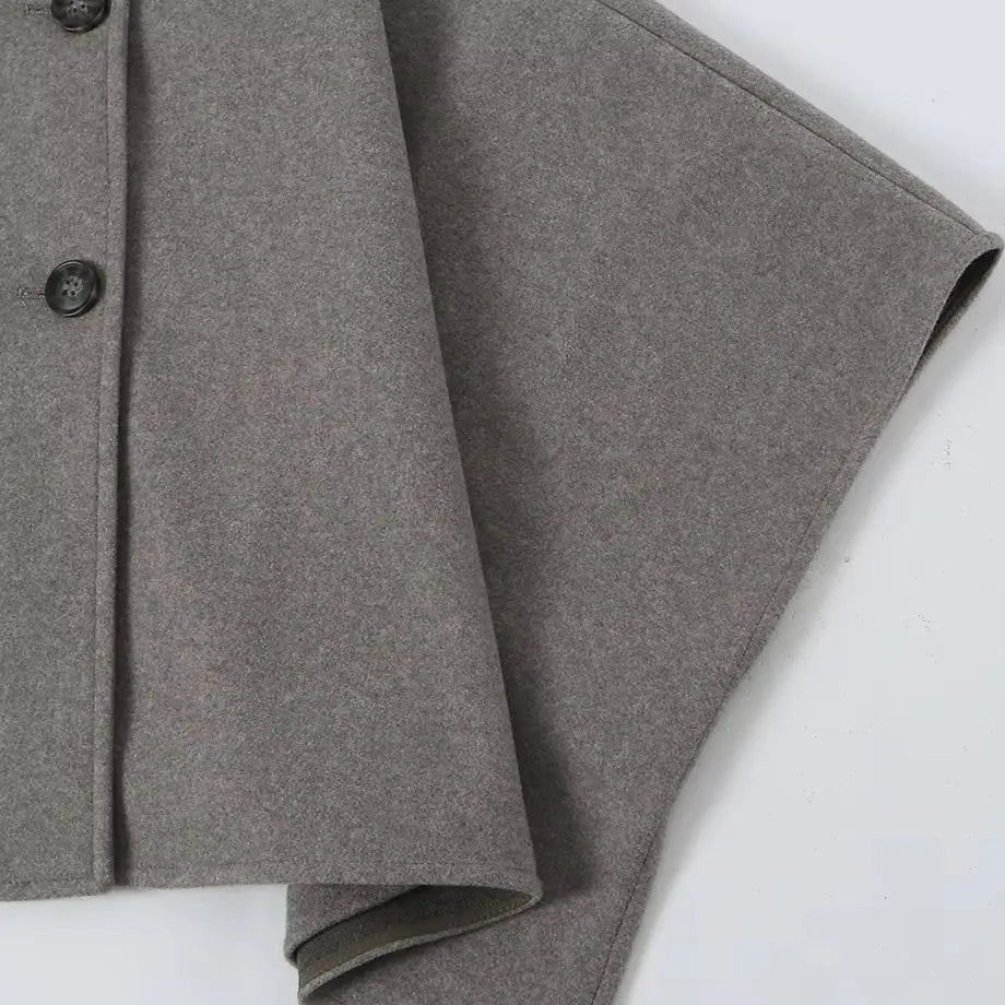 AIERTU  -  Autumn Winter Women High Collar Woolen Cape Coat Double-breasted Buttons Bat Sleeve Cloak Shawl Jacket Loose Outerwear Gray Aiertu