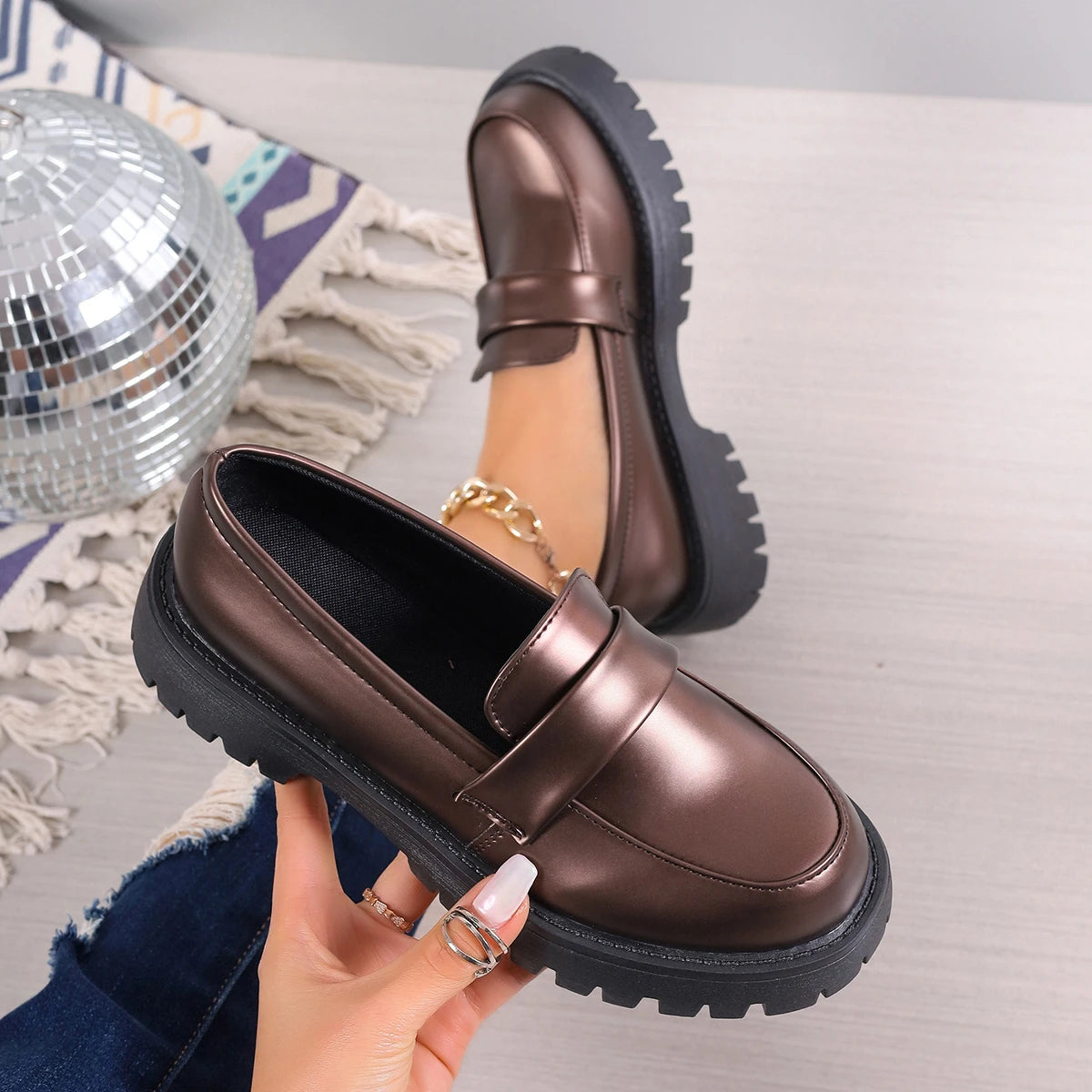Women Platform Vintage Shoes Black Oxford Shoes Autumn Vintage Bronze PU Leather Loafers Women Fashion Female Thick Sole Shoes Aiertu