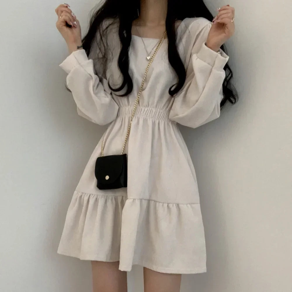 Aiertu  Vintage Mini Dress Women Sweet Retro Wrap Square Collar Long Sleeve Short Dresses Solid 3 Colors Preppy Style Clothes Aiertu