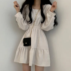 Aiertu  Vintage Mini Dress Women Sweet Retro Wrap Square Collar Long Sleeve Short Dresses Solid 3 Colors Preppy Style Clothes Aiertu