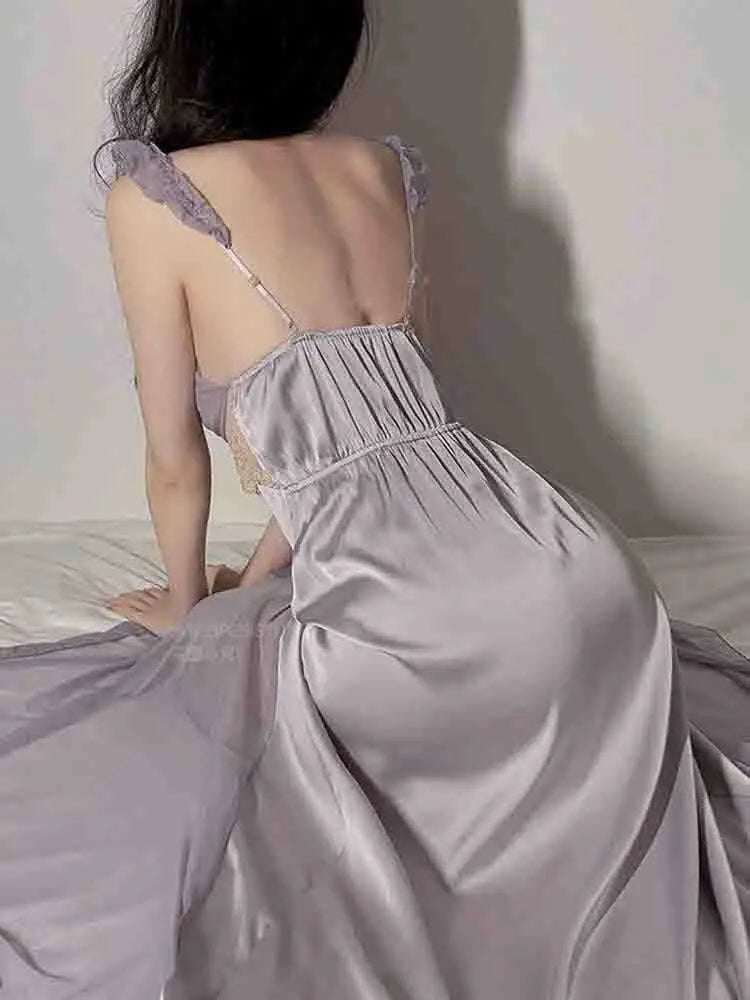 Aiertu Spring Sexy Silk Strap Dress Women French Elegant Party Fairy Dress Backless Lace Long Dresses Women Court Vintage Korean Aiertu