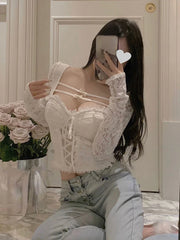 Aiertu 2024 Spring Sexy Bodycon White Blouse Women Slim Korean Fashion Y2k Crop Tops Basic Casual Vintage Lace Pullover Long Sleeve Aiertu