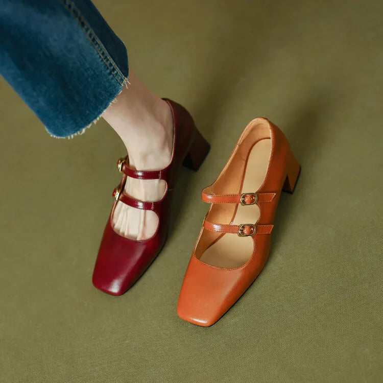 Aiertu NEW Spring Women Pumps Genuine Leather Shoes for Women Square Toe Chunky Heel Shoes Concise Mary Janes High Heel Women Shoes Aiertu