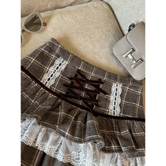 Aiertu Kawaii Ruffle Lace Plaid Skirts Women Sweet Elegant Mini Skirt Cutecore Autumn Winter Patchwork A-line Short Skirts Aiertu