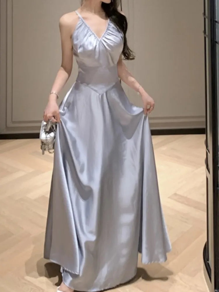 Aiertu Sleeveless Casual Women Summer Halter Midi Dress Satin A-Line Solid Chic Party Sexy Evening Club Birthday Clothes Female Vestido Aiertu