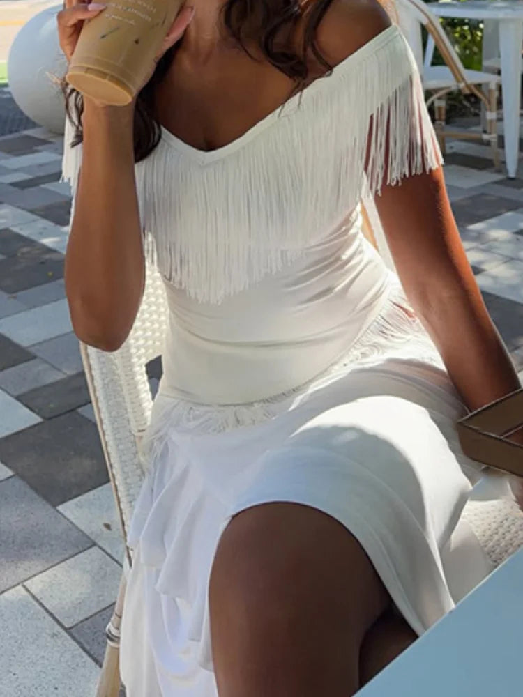 AIERTU  -  Casual V-Neck Fringe Top For Women Off Shoulder Short Sleeve Asymmetric Hem Slim Fit T-Shirt Lady's Western Style Daily Tops Aiertu