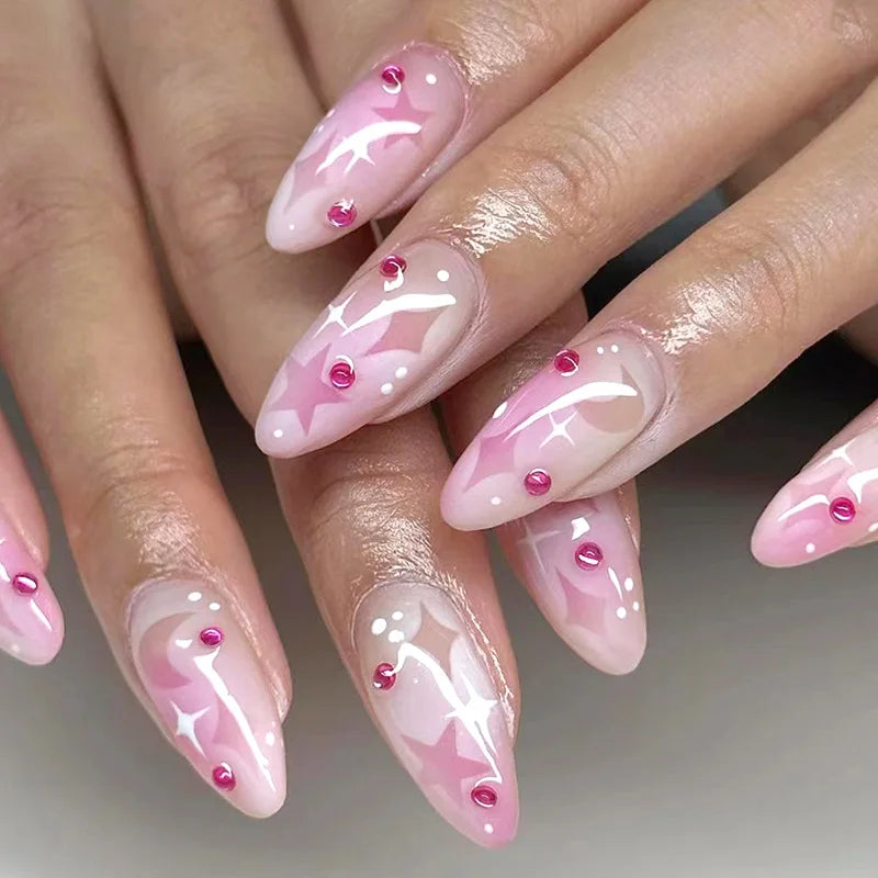 Aiertu Medium-length Acrylic Almond Fake Nails Art Cool Hottie Girl Wear False Nails Europe and USA Press on Nail Removable French Nail Aiertu