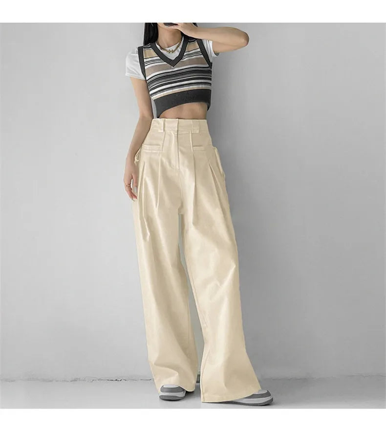 Aiertu Summer Japan Casual Style Solid Color High Waist Wide Leg Suit Pants Women's Fashion Loose Lace-up Full Length Trousers Aiertu