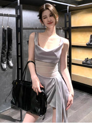 Aiertu 2000s Vintage Y2k Stain Mini Dress Women Casual Sleeveless Strap Dress Beach Style Outwear Korean Chic Elegant Lace-up Clothing Aiertu