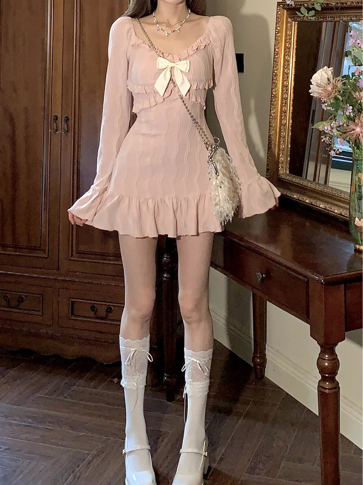 Summer Pink Sweet Slim Y2k Mini Dress Woman French Elegant Flare Sleeve Dress Party Casual One Piece Dress Korean Fashion Aiertu