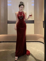 Women Vintage Red Halter Sleeveless Backless Bodycon Velvet Dress French Sexy Party Elegant Slim Fishtail Evening Dresses Summer Aiertu
