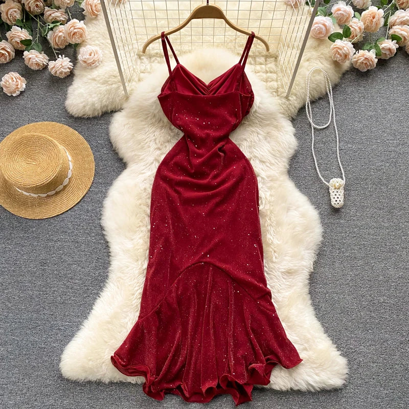 Aiertu  Evening Party Women Mermaid Dress Summer Ruched Backless Sexy Elegant Ladies French Style Solid Long Dresses Aiertu