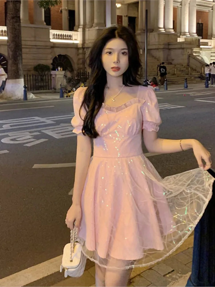 Aiertu Women Sweet Pink Puff Sleeve A-line Mini Dress Female Mesh  Square Collar Holiday Dress Shiny Girl Design Dress Aiertu