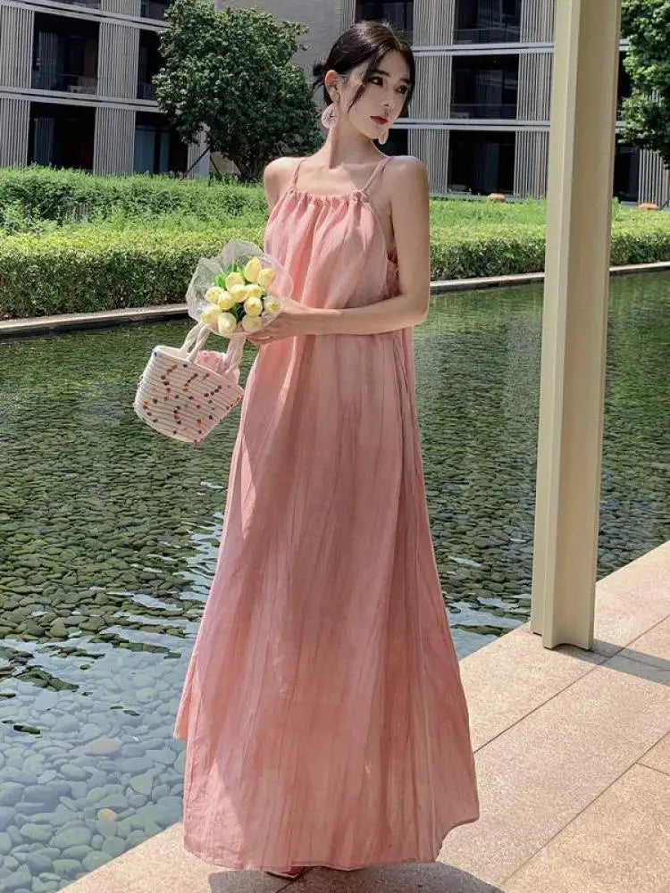 Aiertu Pink Halter Sexy Club Loose Pleated Bandage Large Swing Long Dress Elegant Holiday Party Dress For Women Summer Simplicity Aiertu