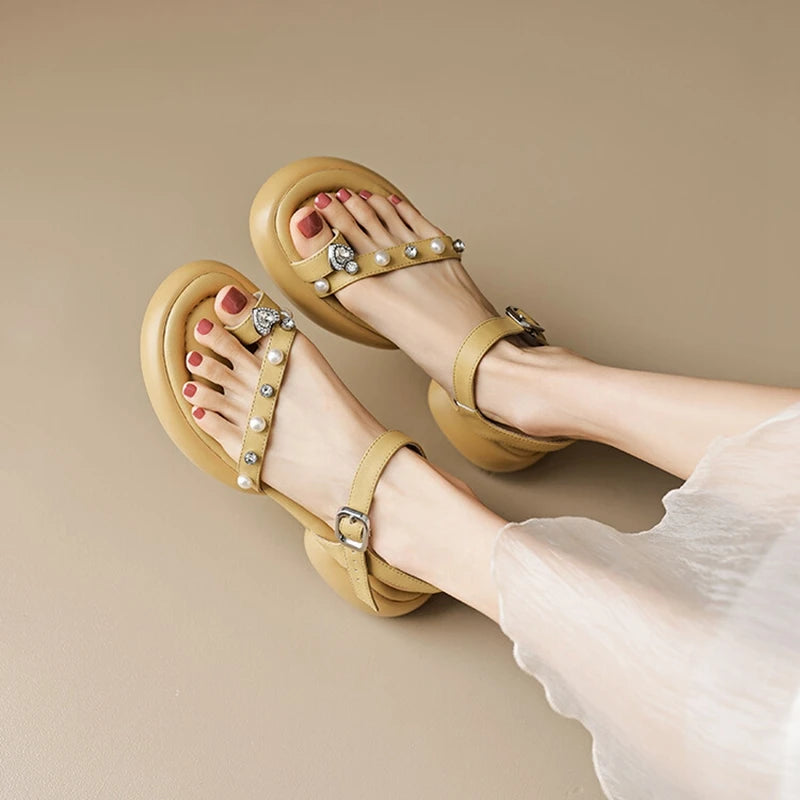 Aiertu Summer Woman Sandals Sheepskin Shoes for Women Round Toe High Heel Shoes Open Toe Chunky Heel Sandals Casual Platform Shoes Aiertu