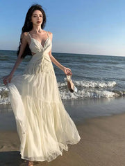 Aiertu Summer Beige Sexy Club Backless Women Elegant Pleated Slip Dress V-neck Slim Lace Up Sleeveless Evening Party Fairy Long Dresses Aiertu