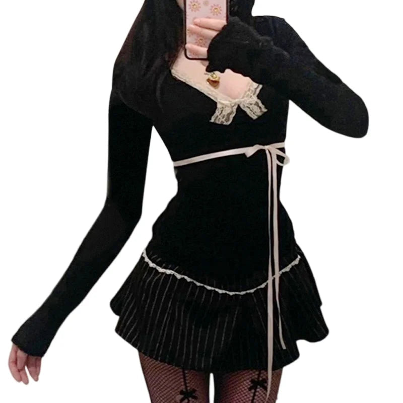 Aiertu Top y2k Women Clothes Lace Trim V Neck Long Sleeve T Shirt with Bow Decor 2000s Coquette Clothing Streetwear aiertu
