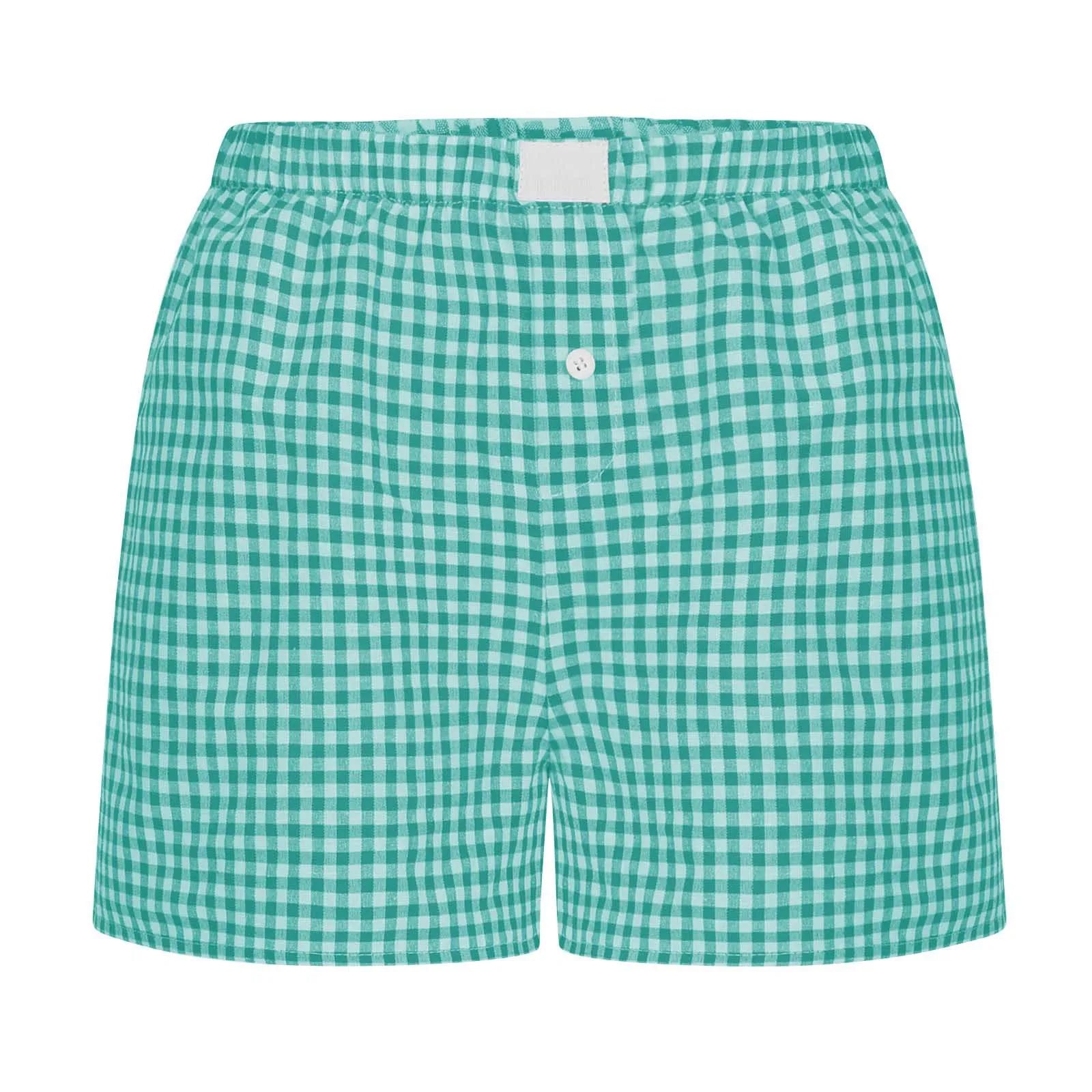 Aiertu Gingham Boxer Shorts for Women Teen-girls Elastic Waistband Pull-on Red Blue Plaid Shorts Outfit Casual Lounge Summer Shorts Aiertu