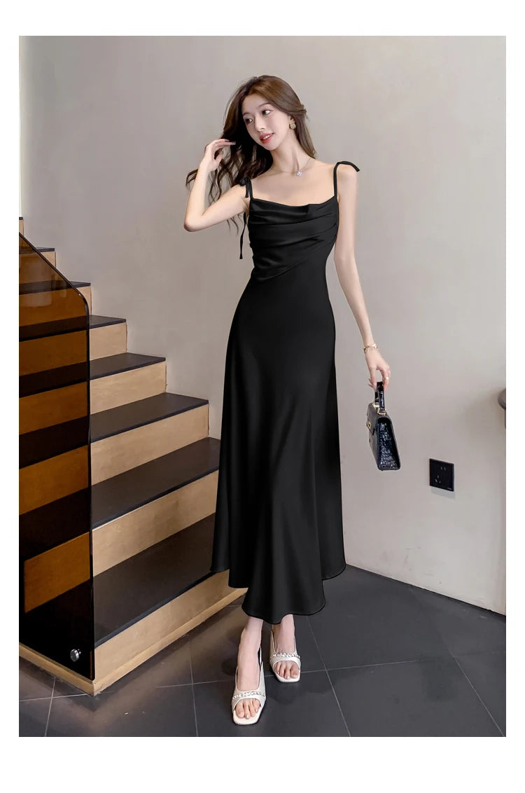 Aiertu Sleeveless Solid Chic Women Summer Dress Spaghetti Strap Satin Bodycon Elegant Midi Party Vestidos Female Long Clothes New Robe Aiertu