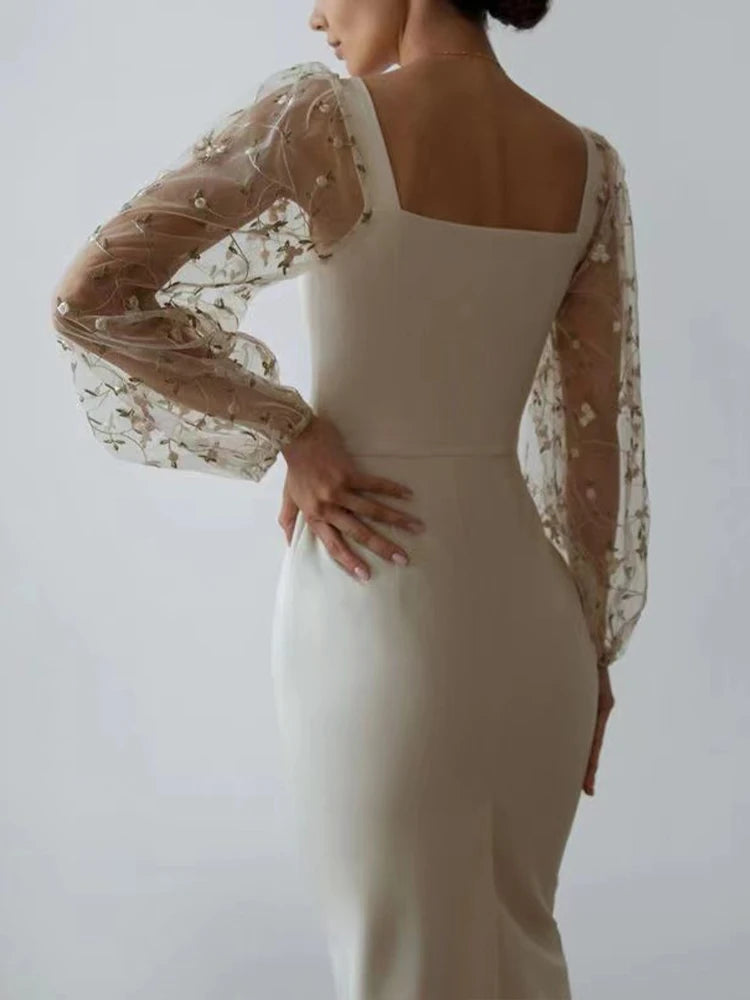 Aiertu Autumn White Dress Women Sexy See Through Lace Embroidery Long Dresses Female Elegant Square Collar Puff Sleeve Slim Party Dress Aiertu