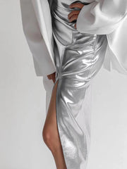 Aiertu Slit Silver Skirts Women Elegant High Waist Leather Pu Long Skirts Autumn Slim Party Sexy Straight Skirts Female Vintage Y2k Aiertu