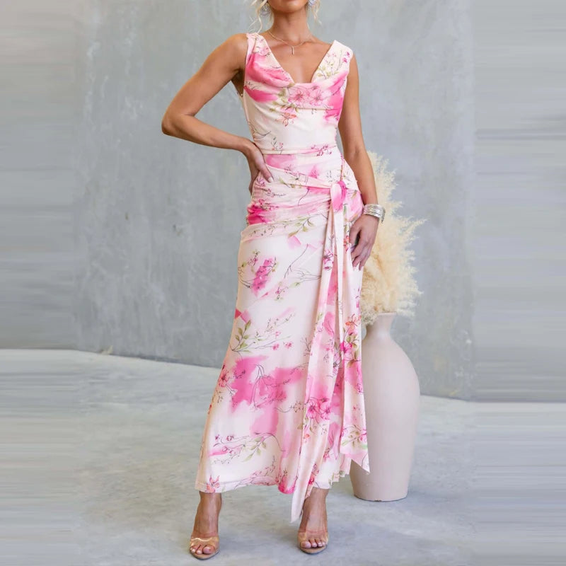 AIERTU  -  Summer Sleeveless Backless Maxi Dresses Sexy V Neck High Waist Lace-up Long Dress Women Spring Floral Print Slim Fit Party Dress Aiertu