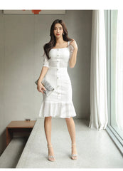 Aiertu Summer New 2-piece Square Collar Double-breasted Top +Fashion Cutout Lace Fishtail Skirt Casual Women Suit Skirt Aiertu