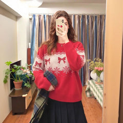 AIERTU  -  Women's Christmas Sweater Round Neck Long Sleeve Pullover Bow Decor Casual Tops Soft Warm Cozy Festive Holiday Knitwear Sweaters Aiertu