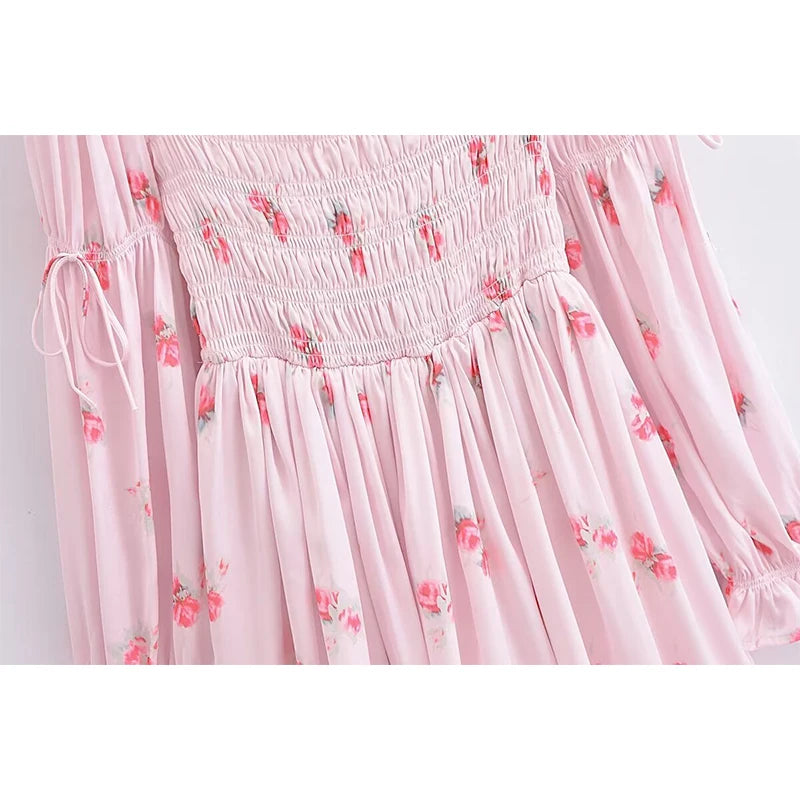 Aiertu Sweet Pink Floral Print Satin Sexy Off Shoulder Dress Women Long Sleeve Holiday Party Mini Dresses Princess Fairy Robe Aiertu