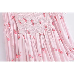 Aiertu Sweet Pink Floral Print Satin Sexy Off Shoulder Dress Women Long Sleeve Holiday Party Mini Dresses Princess Fairy Robe Aiertu