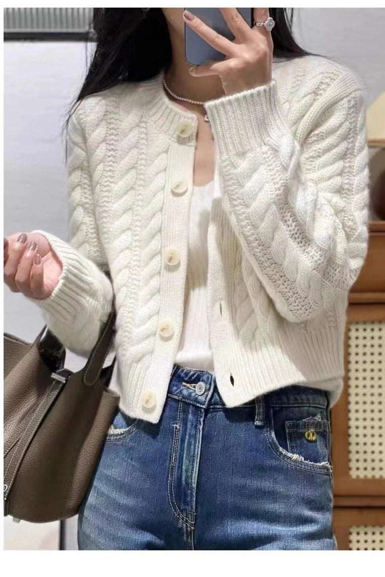 Women's Pure Cashmere Wool Sweater Round Neck Twists Short Cardigan Autumn Winter Casual Knit Top Female Thickened Warm Jacket Aiertu