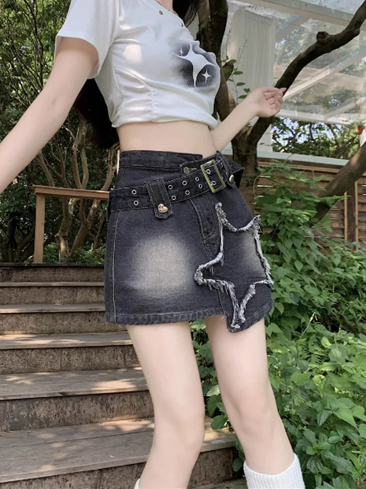 Aiertu Women Black Gothic Denim Skirts Harajuku A-Line Mini Jean Skirt Vintage Y2k Aesthetic Oversize Skirt 2000s Trashy Clothes Summer Aiertu